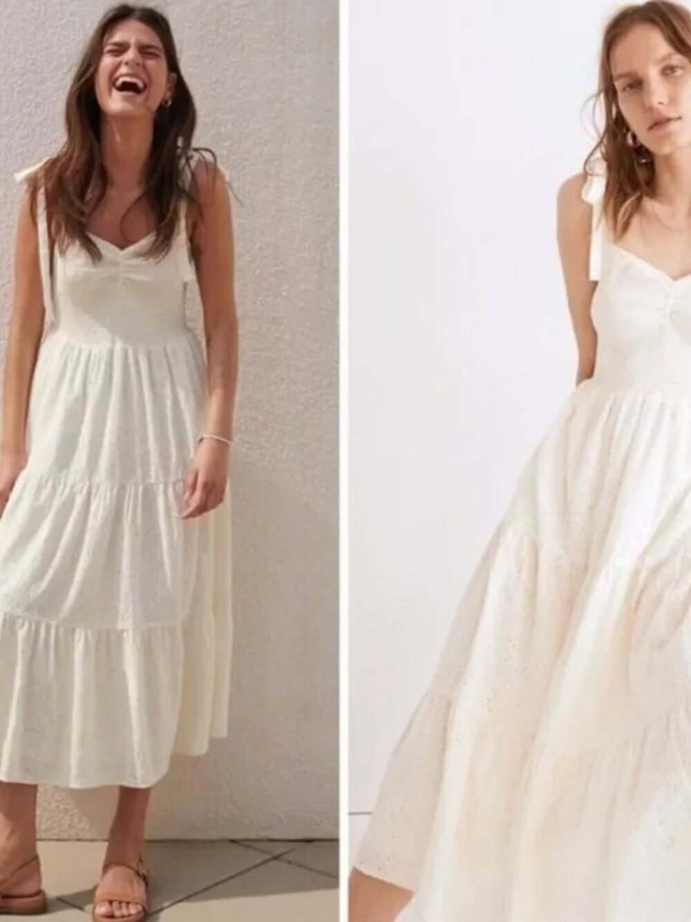 Madewell Eyelet Lucie Tie-Strap Tiered Midi Dress in Cream White - Picture 2 of 8